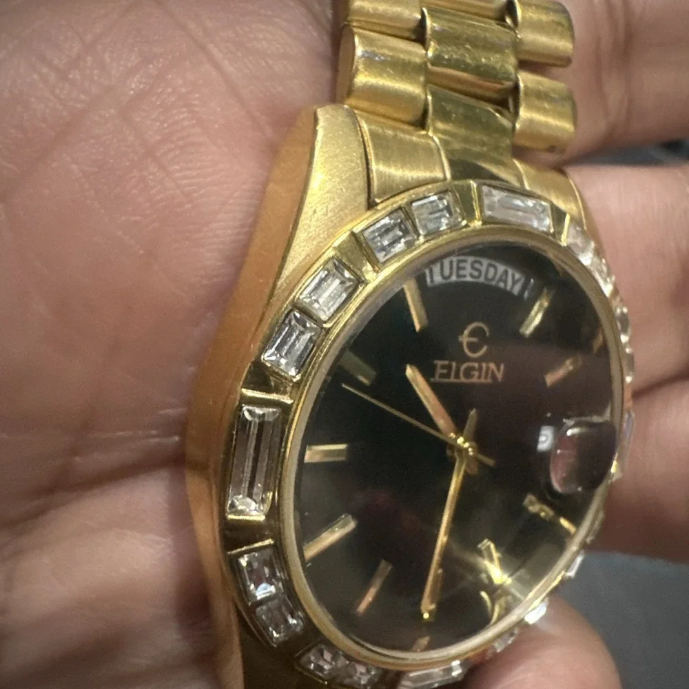 Elgin FG147 Calendar Gold Tone Unisex Watch Quartz 36mm Day Date New Battery
